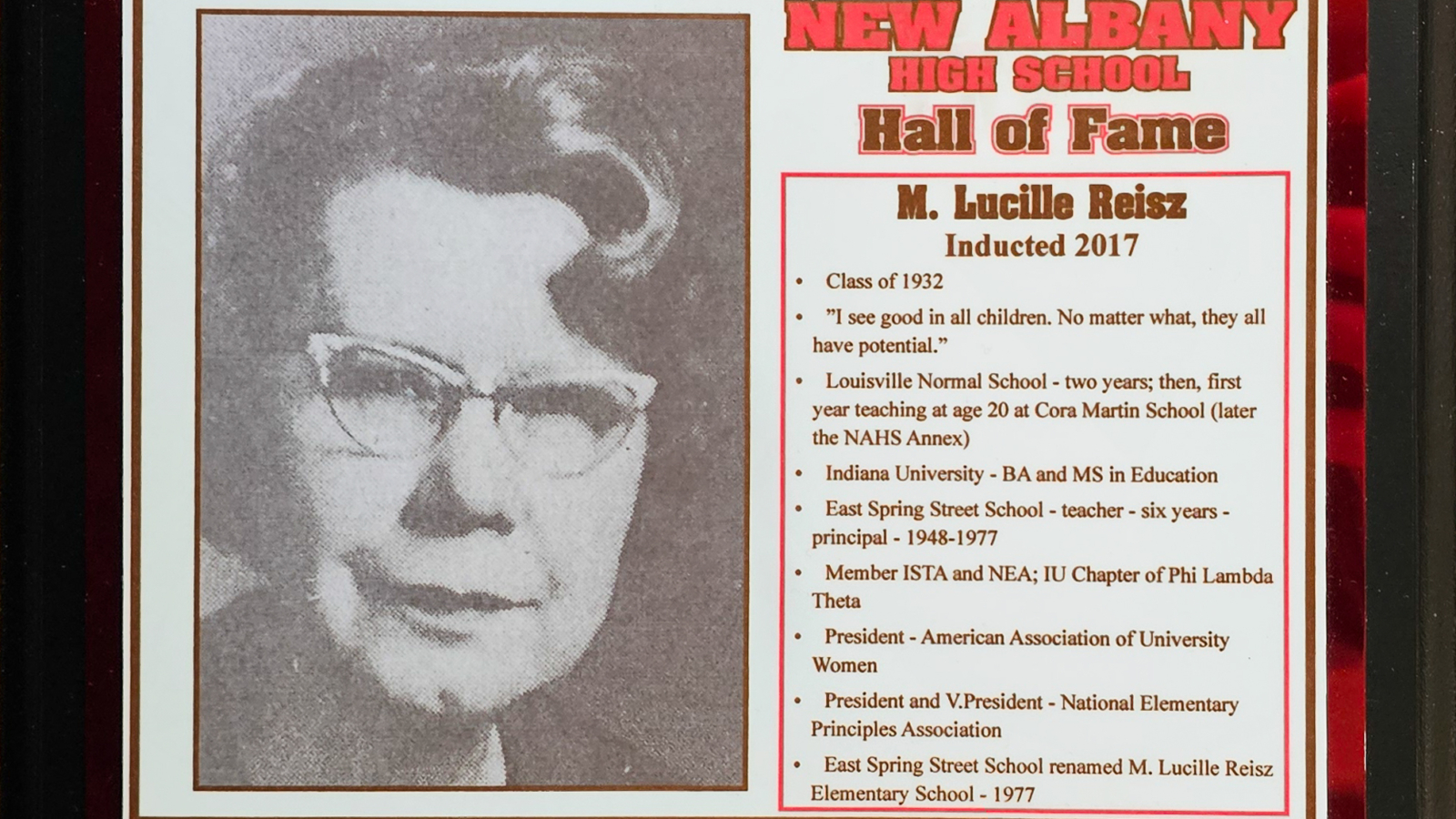 M. Lucille Reisz NAHS Plaque