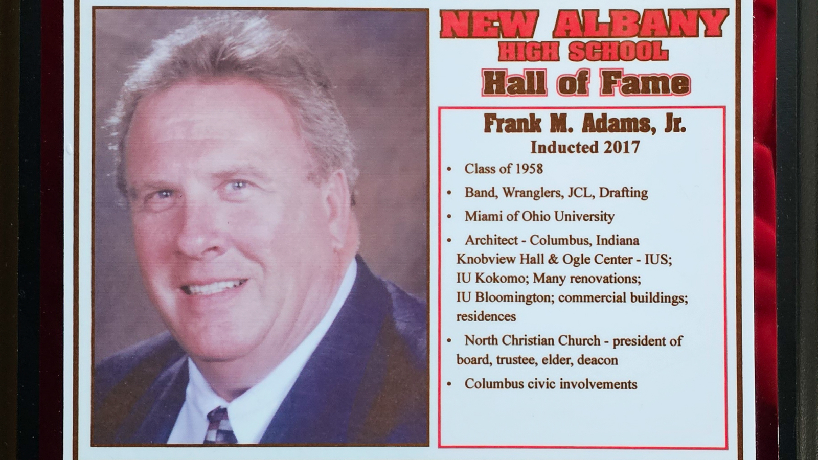 Frank M. Adams, Jr. NAHS Plaque
