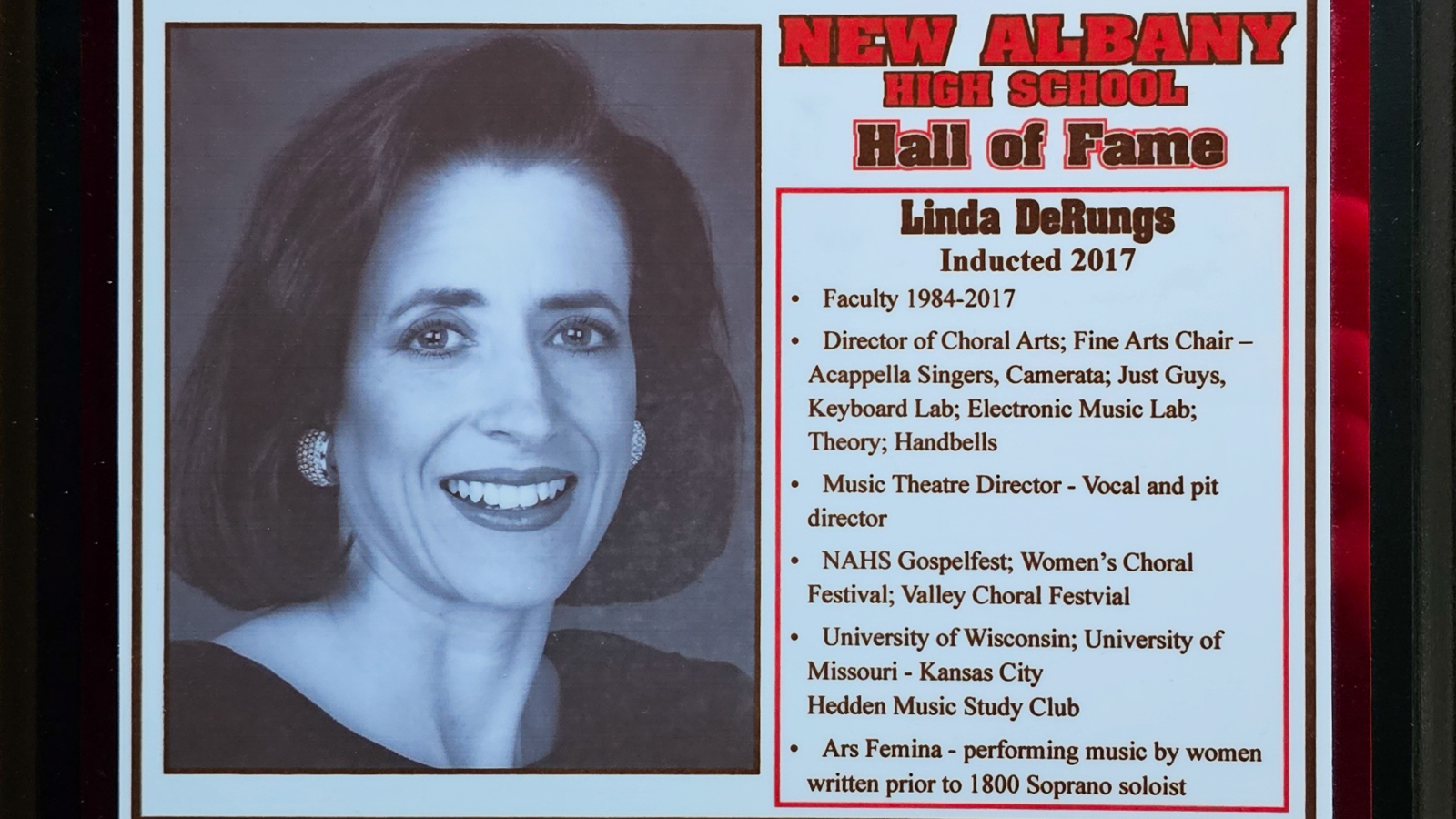 Linda DeRungs NAHS Plaque
