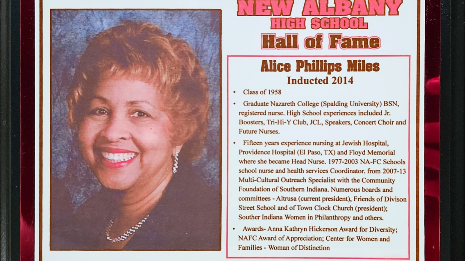 Alice Phillips Miles NAHS Plaque