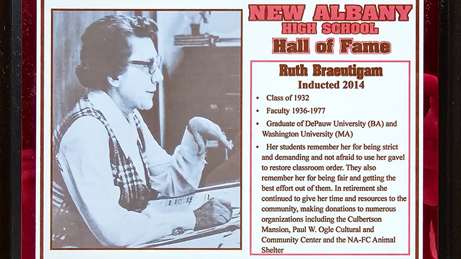 Ruth Braeutigam NAHS Plaque