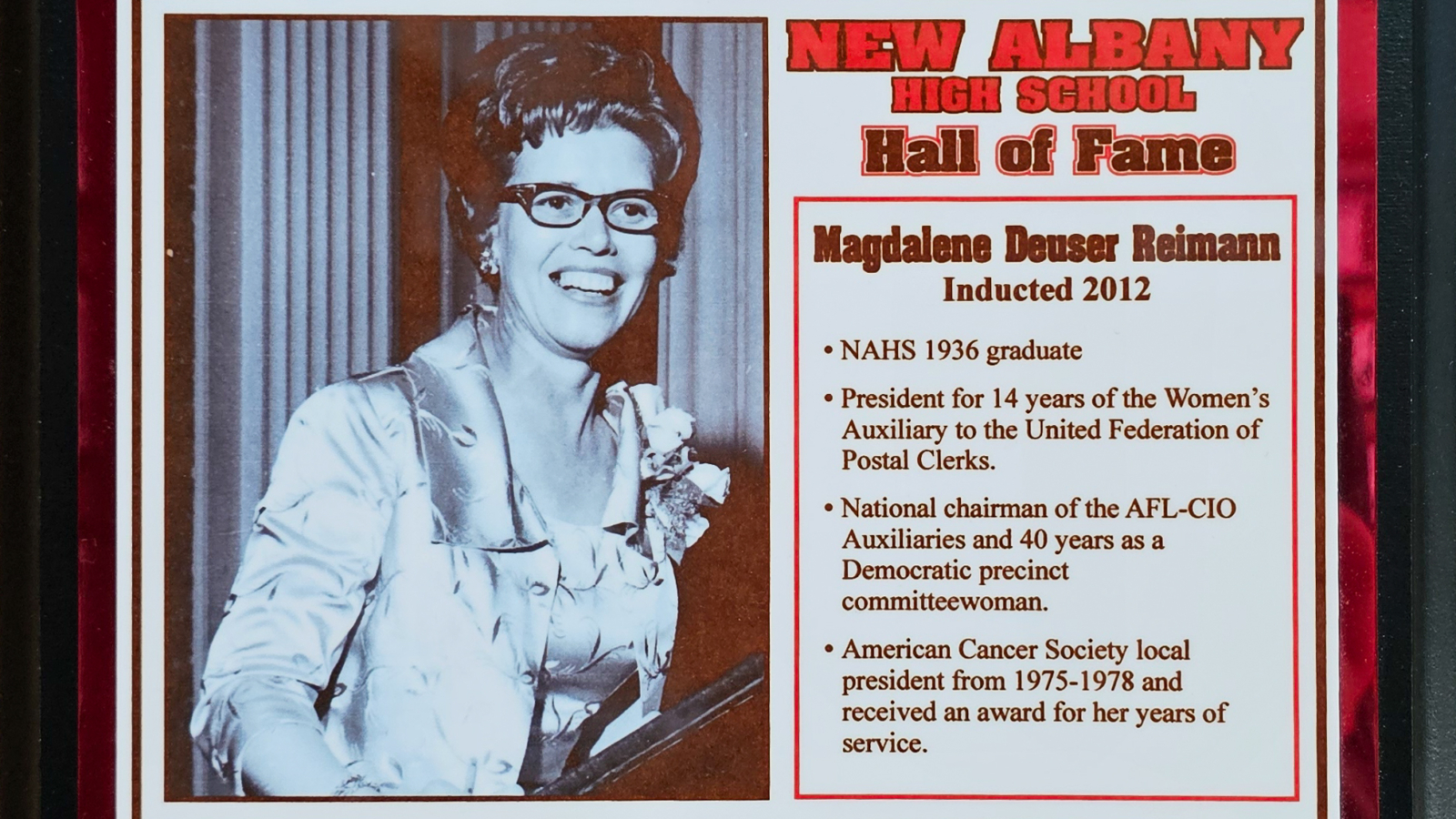 Magdalene Deuser Reimann NAHS Plaque