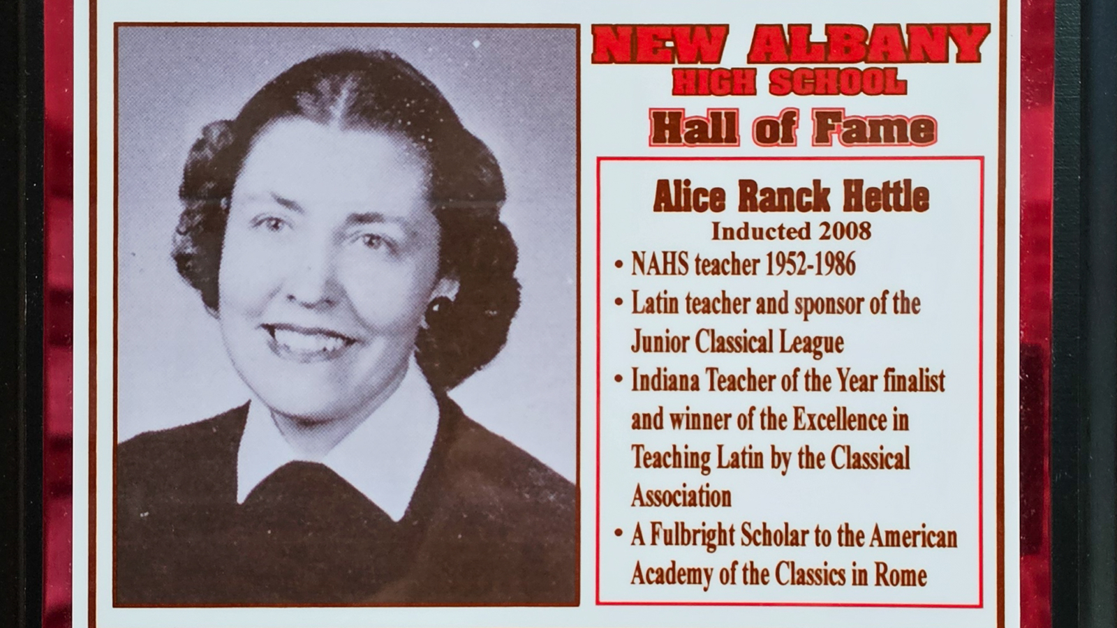 Alice Ranck Hettle NAHS Plaque