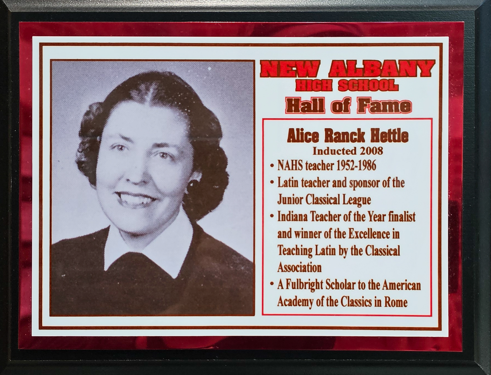Alice Ranck Hettle NAHS Plaque