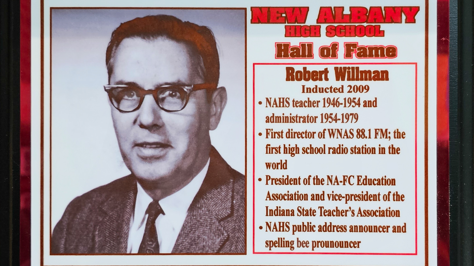 Robert Willman NAHS Plaque