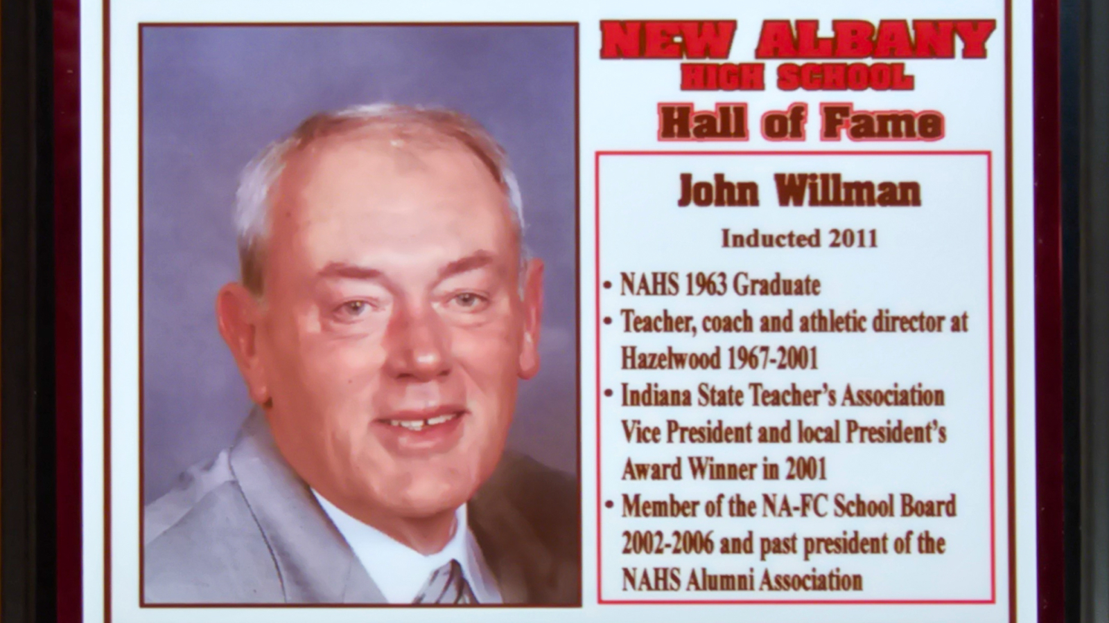 John Willman NAHS Plaque