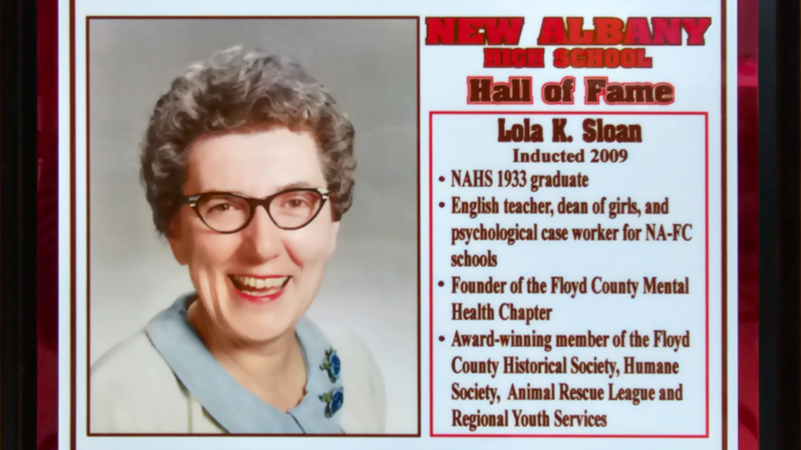 Lola K. Sloan NAHS Plaque