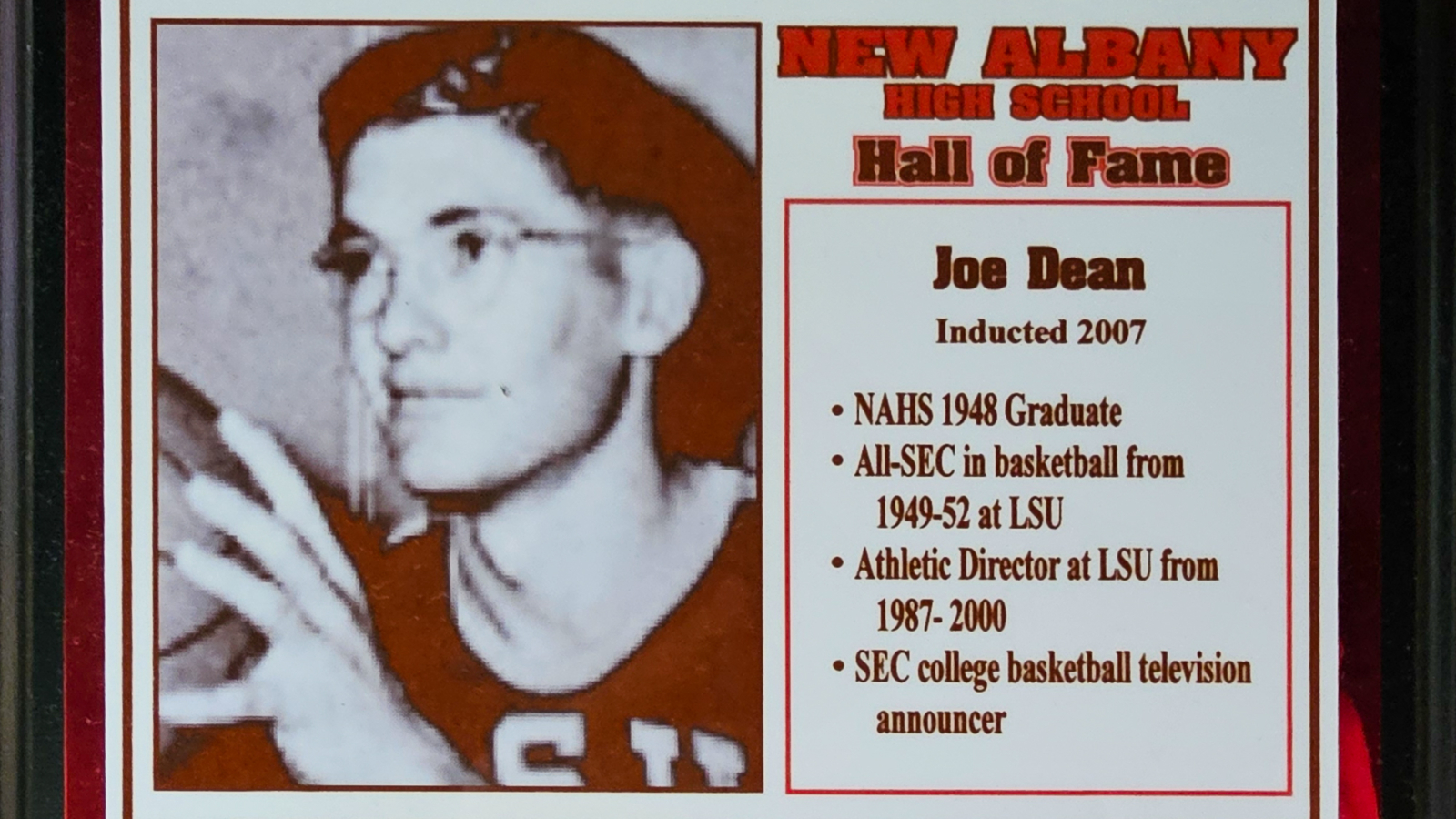 Joe Dean NAHS Plaque