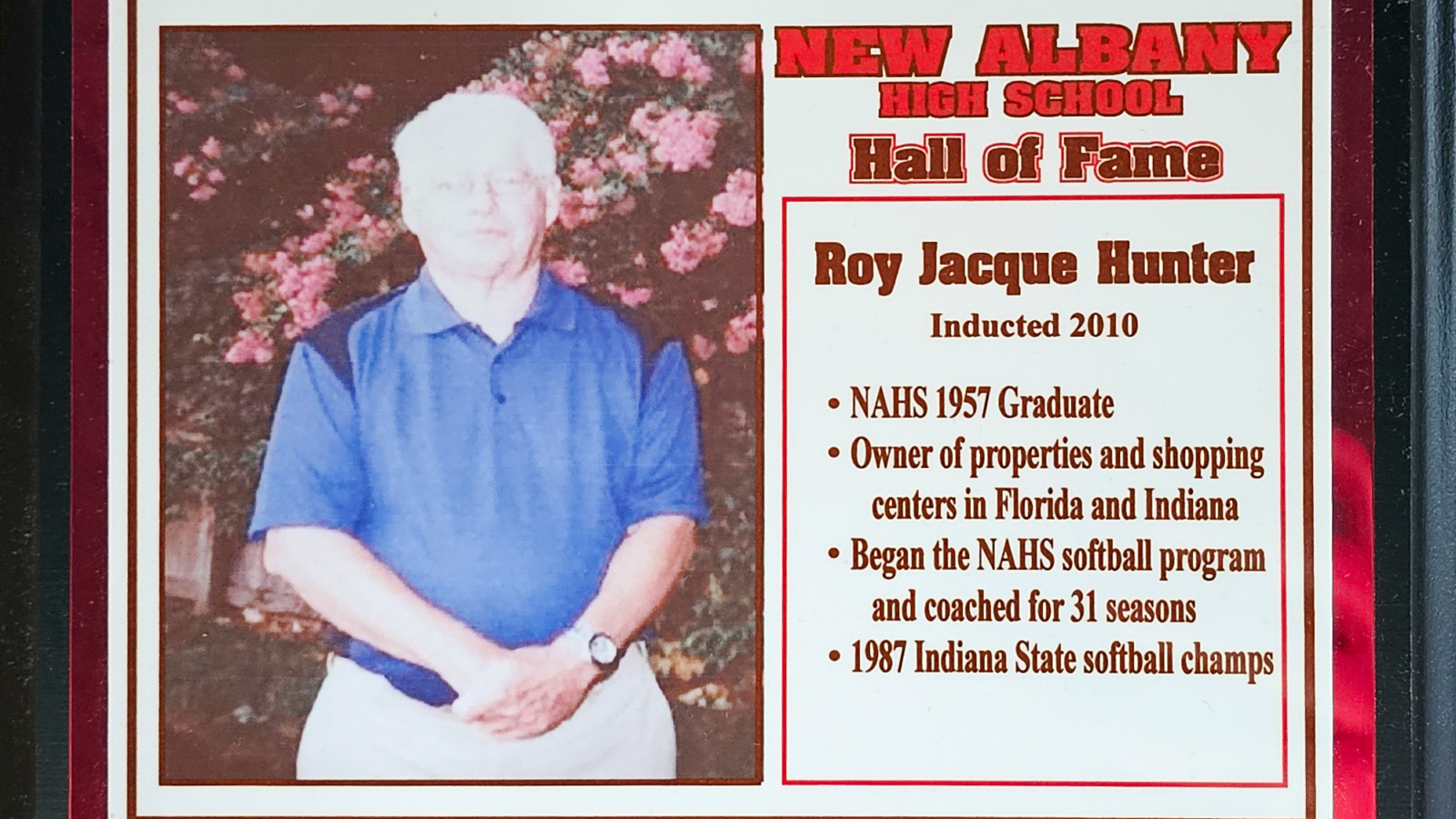 Roy Jacque Hunter NAHS Plaque