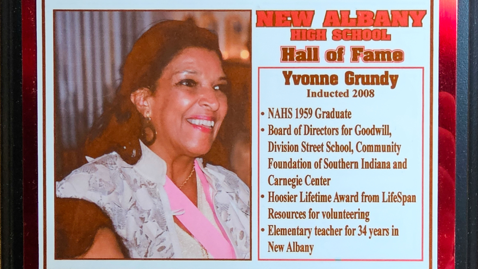 Yvonne Grundy NAHS Plaque