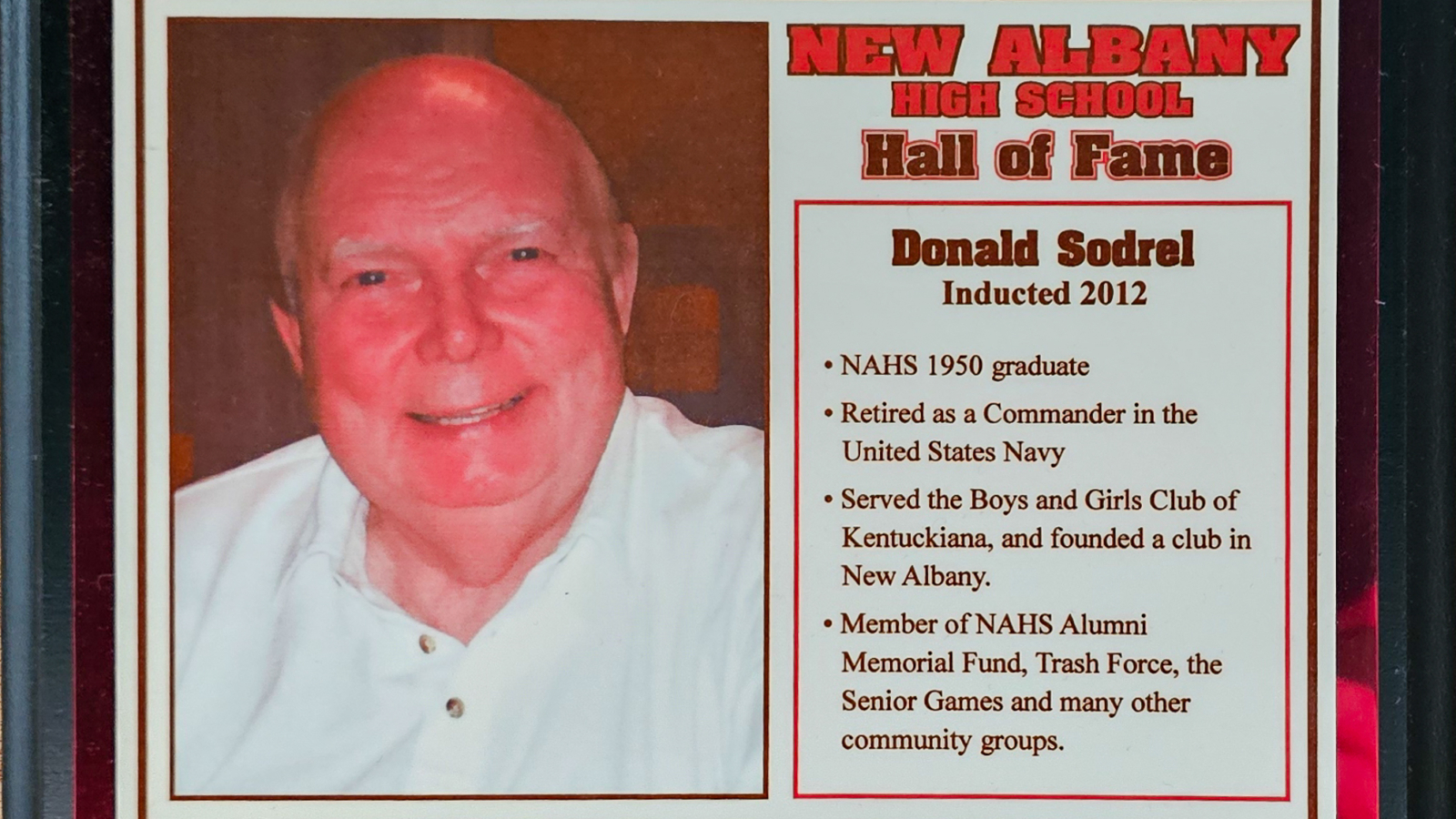 Donald Sodrel NAHS Plaque