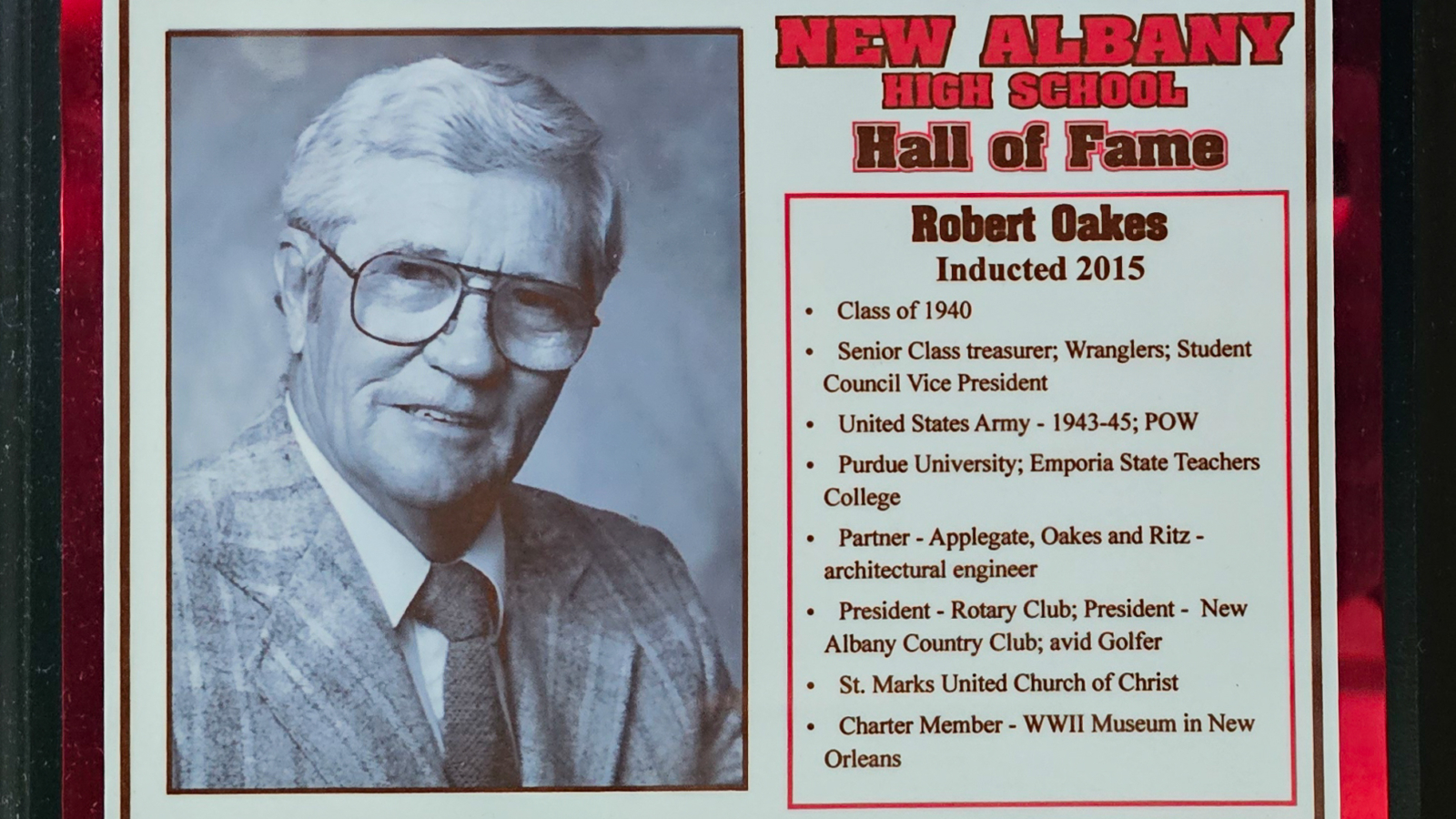 Robert Oakes NAHS Plaque
