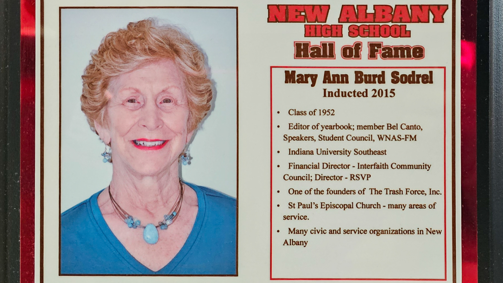 Mary Ann Burd Sodrel NAHS Plaque