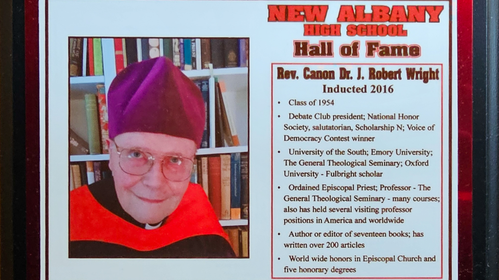 Rev. Canon Dr. J. Robert Wright NAHS Plaque
