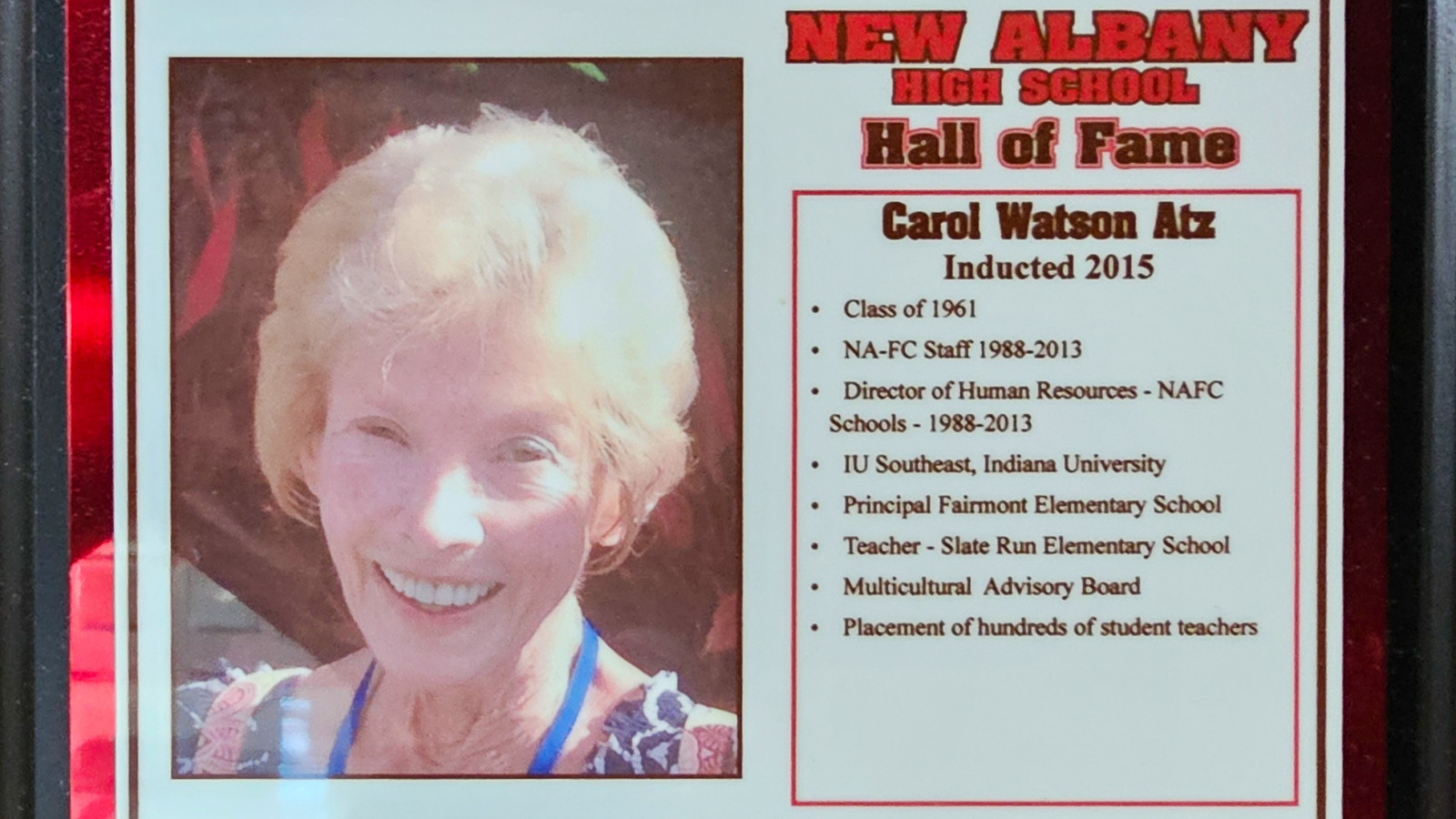 Carol Watson Atz NAHS Plaque