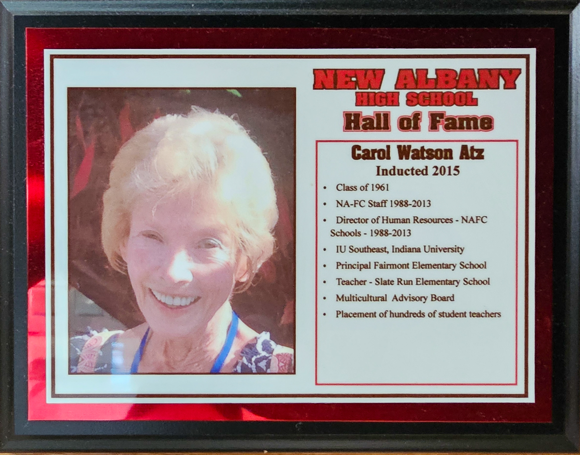 Carol Watson Atz NAHS Plaque