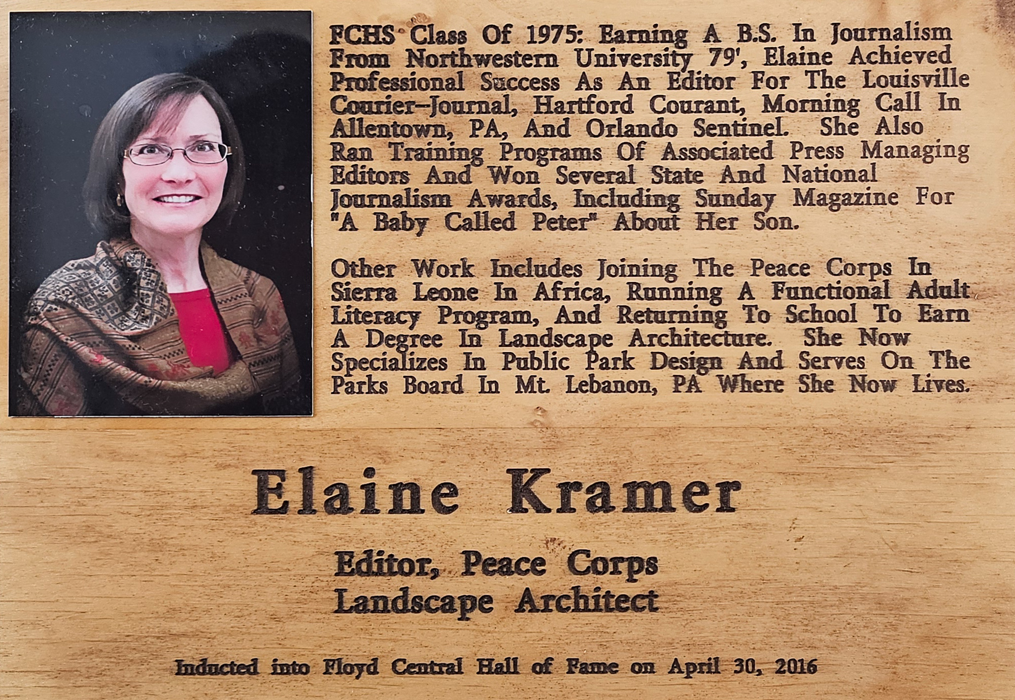 Elaine Kramer FCHS Plaque 2016