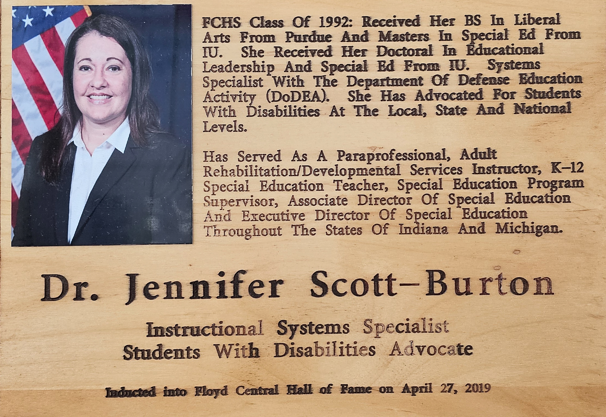 Dr. Jennifer Scott-Burton FCHS Plaque 2019