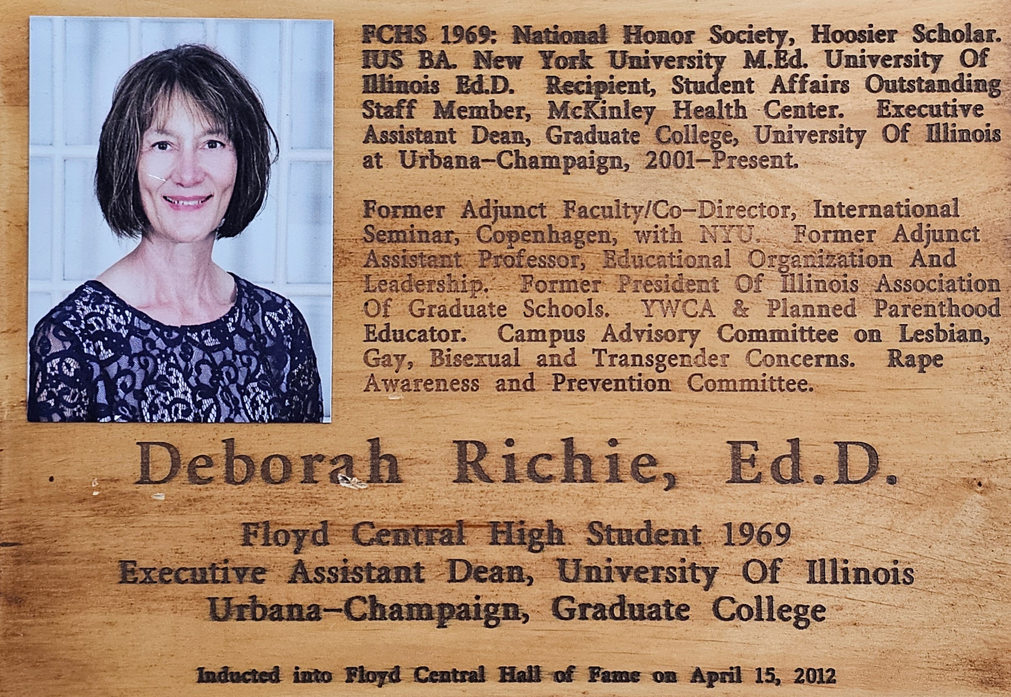 Deborah Rickie, Ed.D. FCHS Plaque 2012