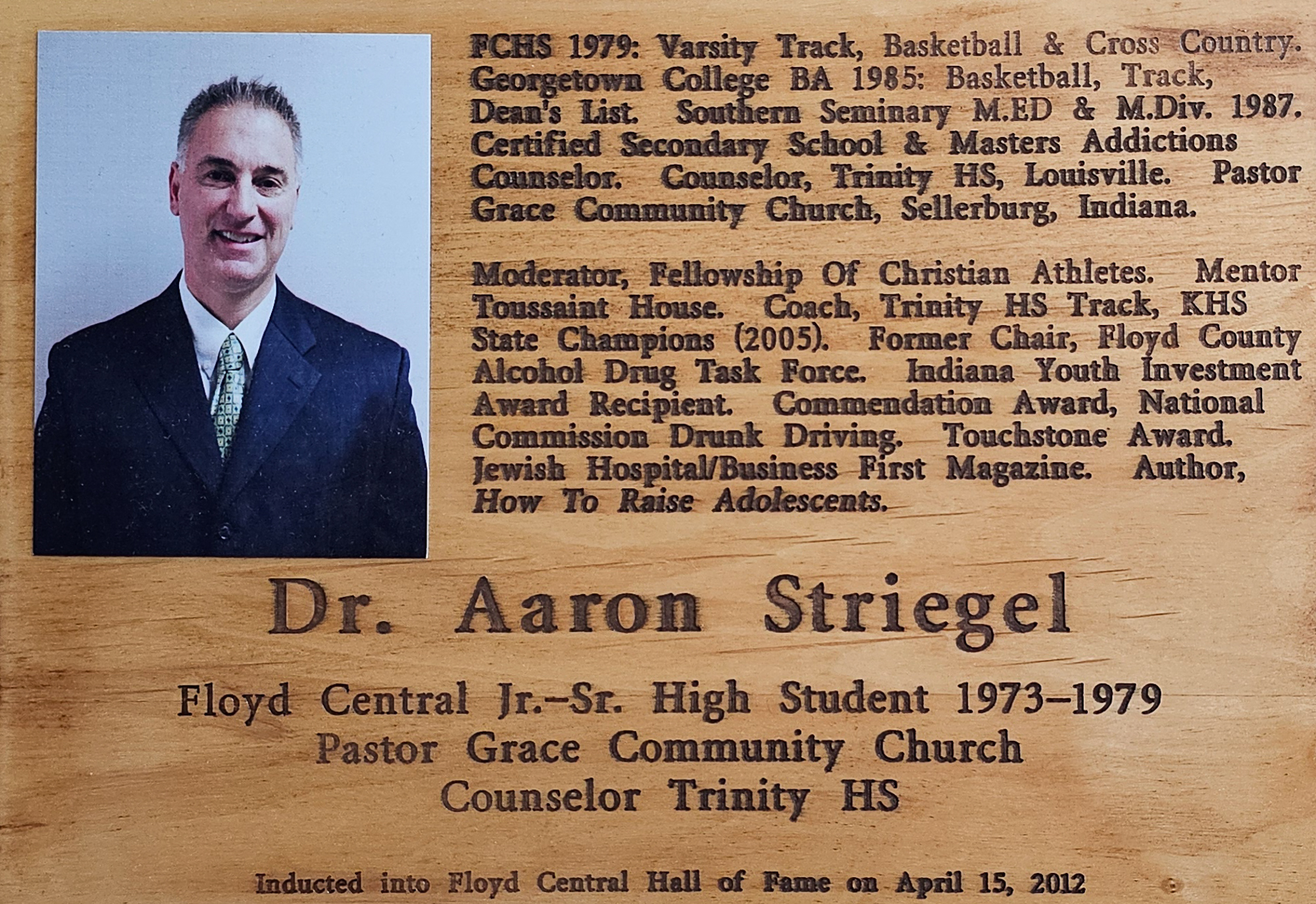 Dr. Aaron Striegel FCHS Plaque 2012