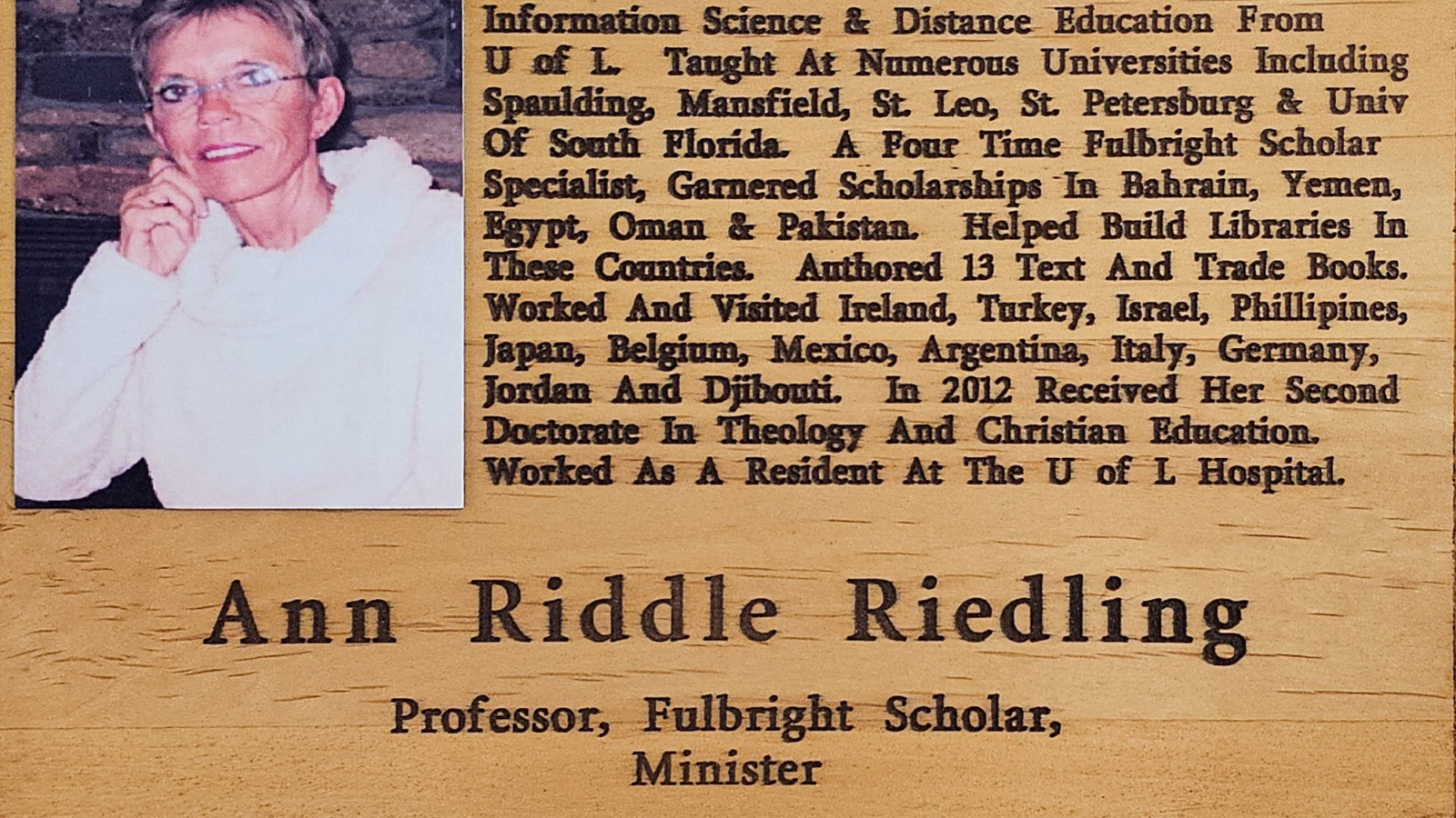 Ann Riddle Riedling FCHS Plaque 2014