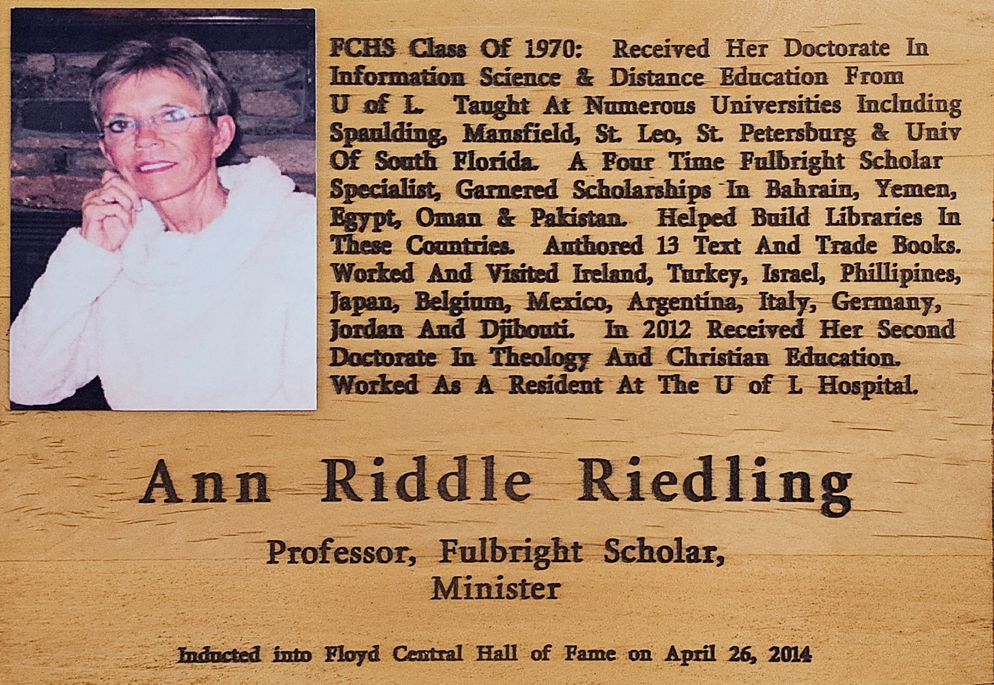 Ann Riddle Riedling FCHS Plaque 2014